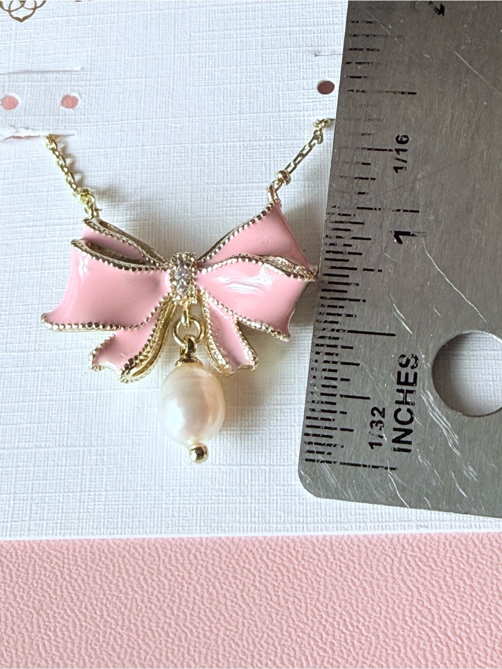 Kendra Scott x LoveShackFancy Pink Enamel Bow Necklace with Pearl 16” - Picture 4 of 6